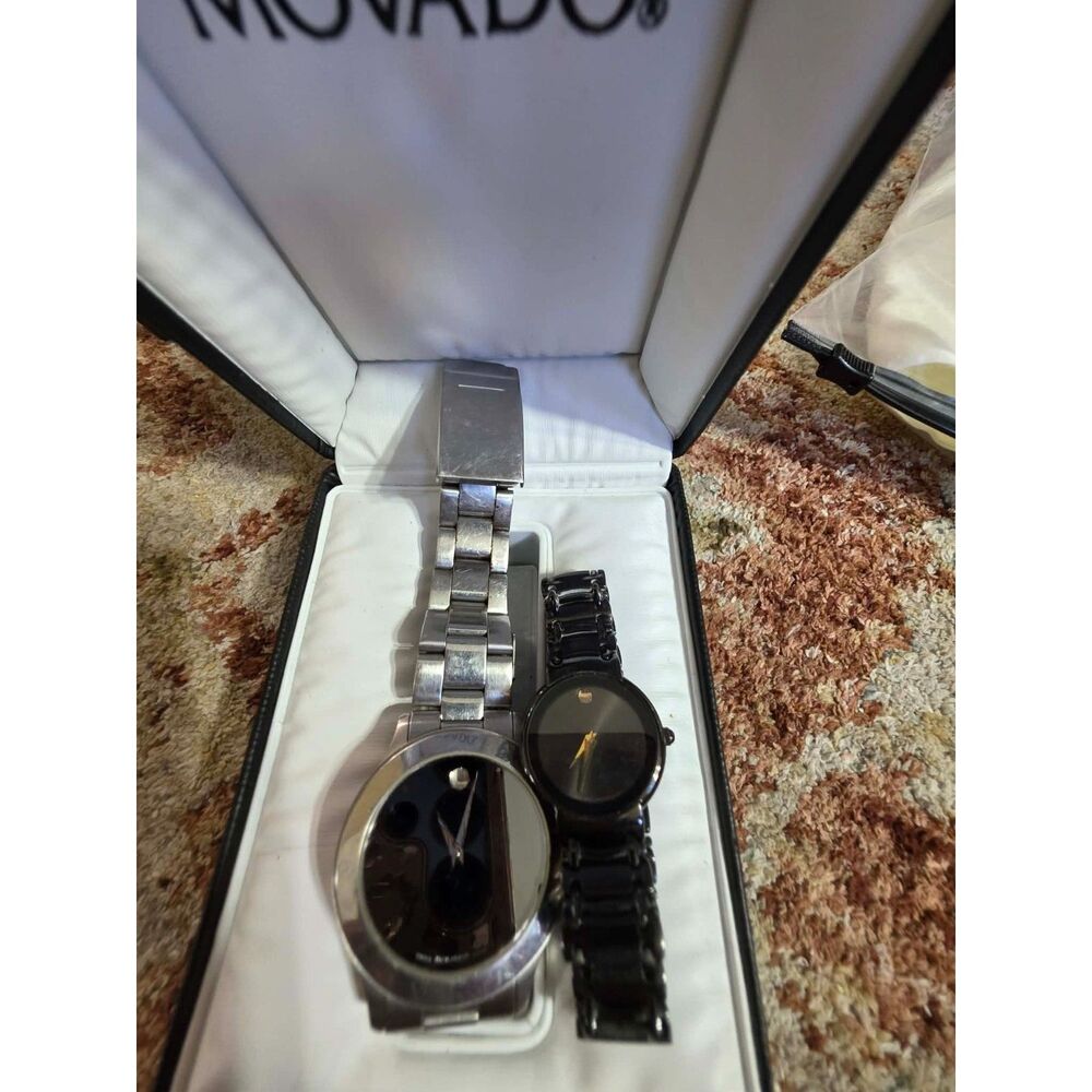 2 Authentic Movado Watches His & Hers Men’s Women’s Black Silver Untested w/ Box